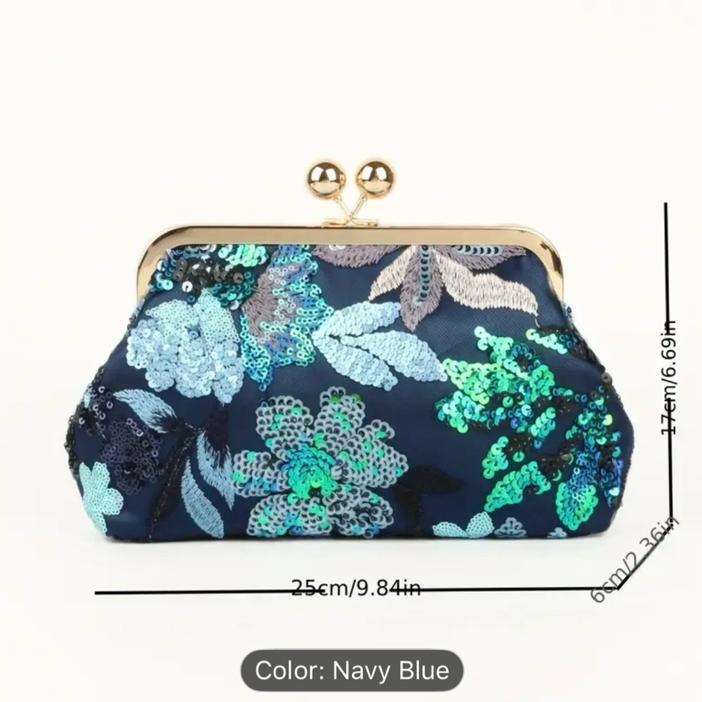 Navy Blue Sequin Floral Evening Clutch - Picture 5 of 6